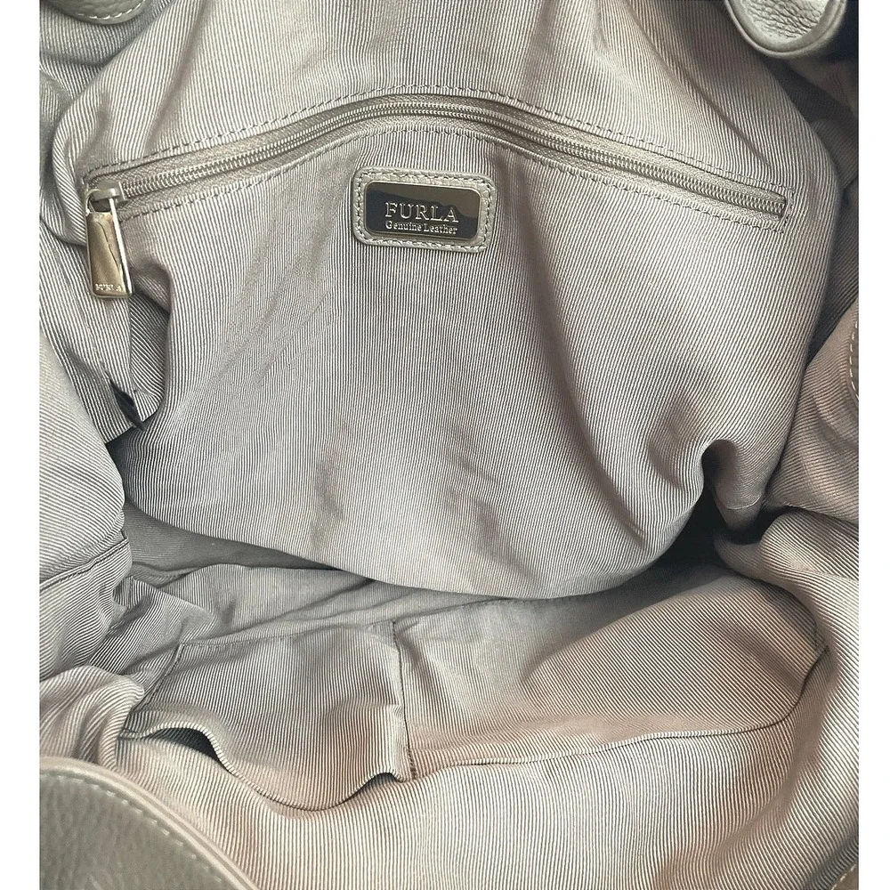 Furla Large Hobo Bag Taupe Greige Pebbled Leather Shoulder Bag Gold Medallion